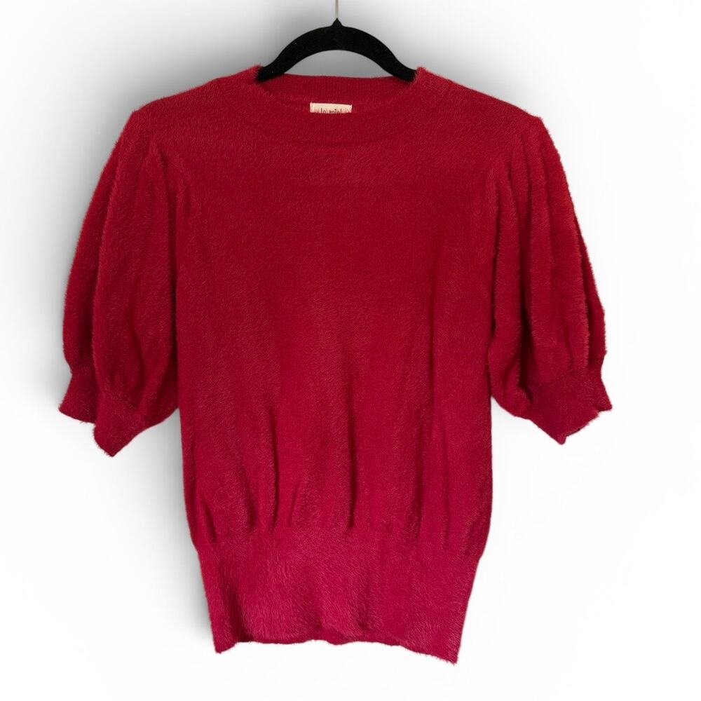 La Miel Fuzzy Eyelash Knit Sweater Women’s M Red Puff Sleeve Crew Neck Soft